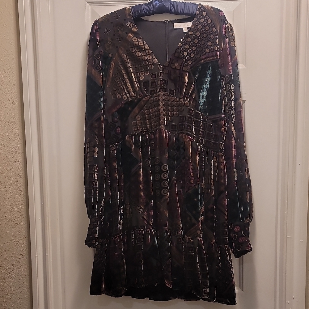 Karlie Multicolor Velvet Long Sleeve Dress Size Large